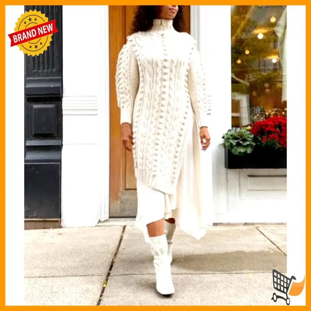 Textured Knit Puff Sleeve High Neck Maxi Dress with Split Hem